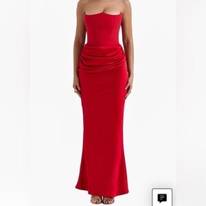 House of CB Persephone Scarlet Red Satin Strapless Corset Maxi Dress